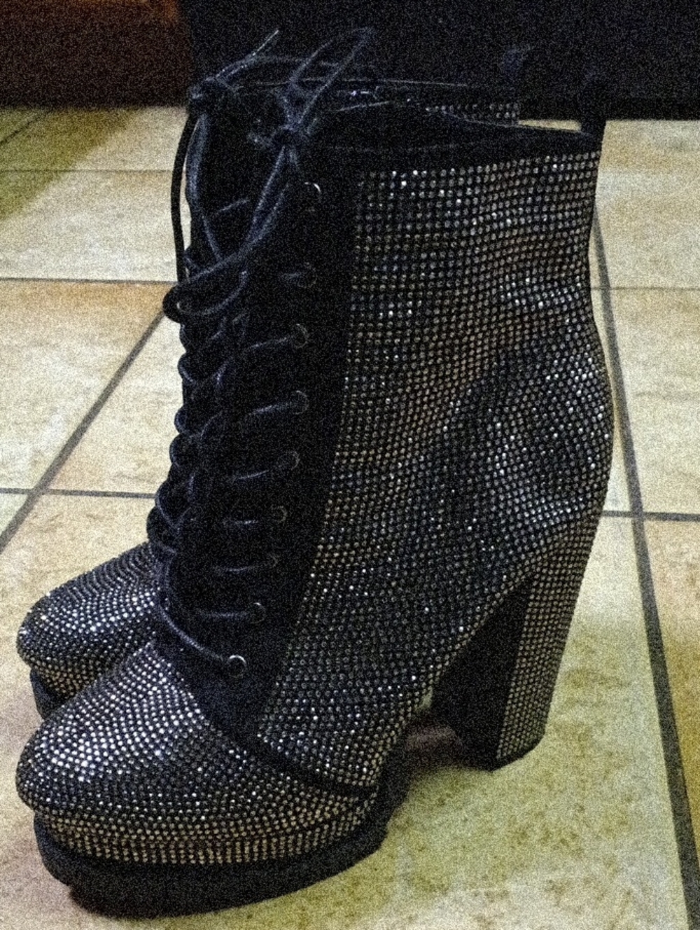 Wild Diva Black Rhinestone Lace-Up Platform Heeled Boots